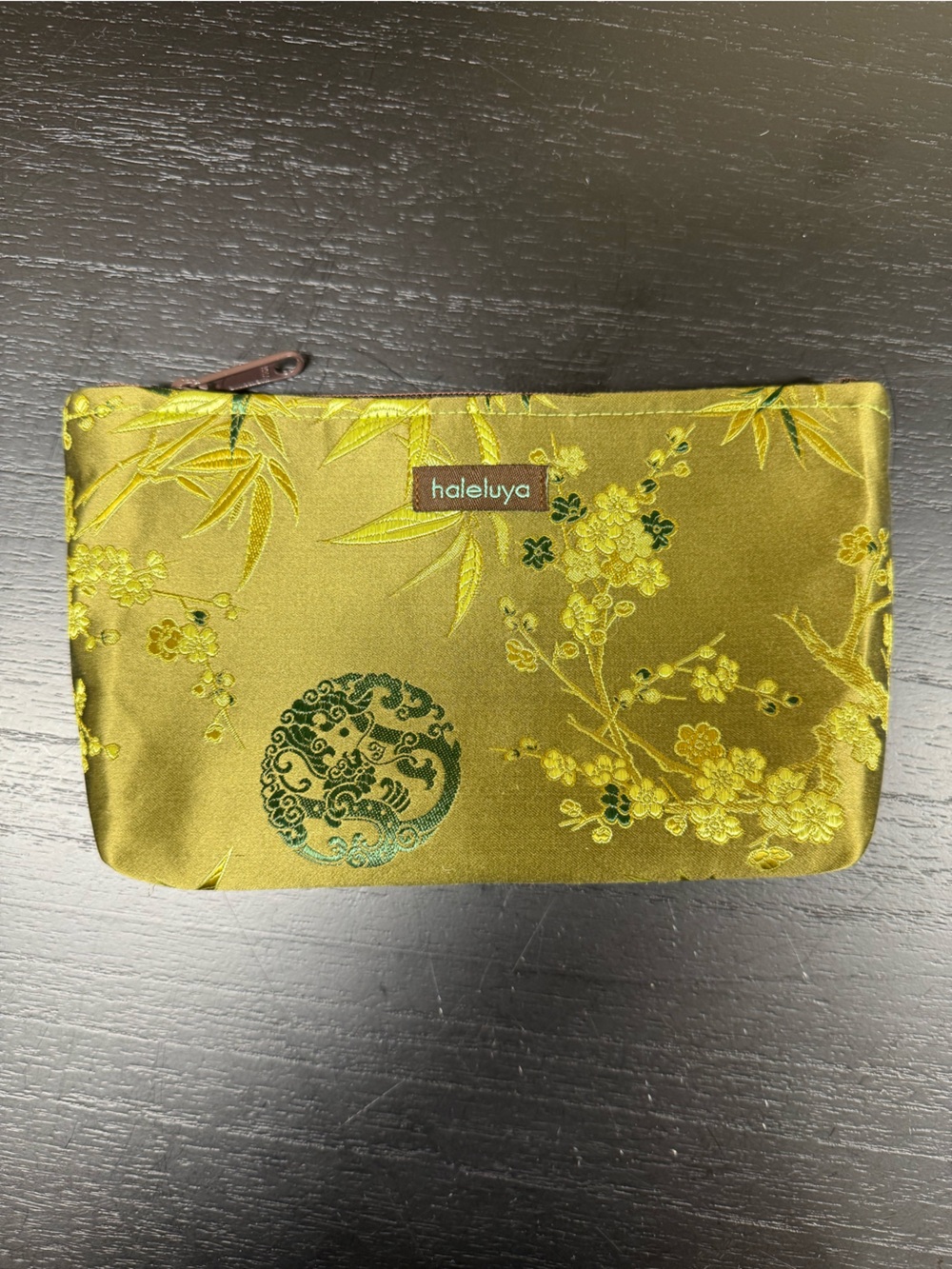 Olive Green Floral Satin Pouch Clutch Bag